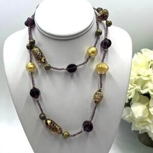 Purple Gold Foil Leaf Beaded Murano Vintage Glass Bead‎ Embossed Brass Necklace